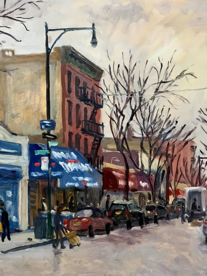 Original New York Cityscape Painting - Arthur Avenue Rain/Bronx NYC- 12x16 Oil on Panel, Plein Air Impressionist Landscape, Signed Original