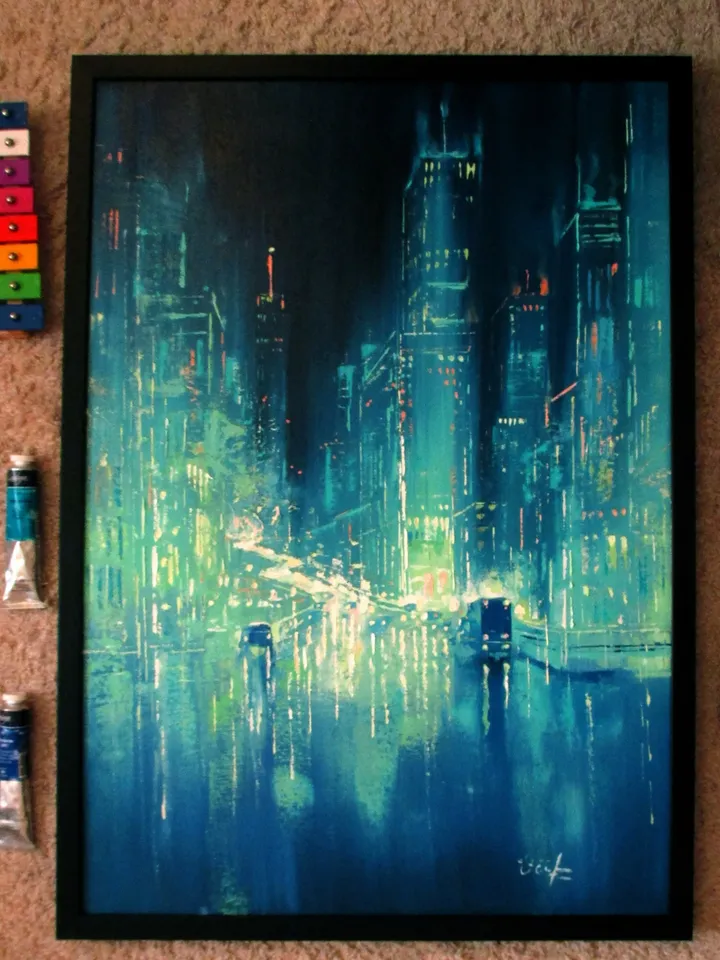 Cyberpunk Painting "MALACHITE CITY" Original Oil Painiting on Canvas Modern City Painting Art by "Walperion Paintings"