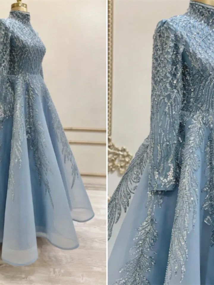 AHUNARE HIJAB - Şirin  Blue Embroidered  Wedding Dress, Muslim Evening Gown, Nikah, Islamic Wedding, Engagement, Bridesmaid,