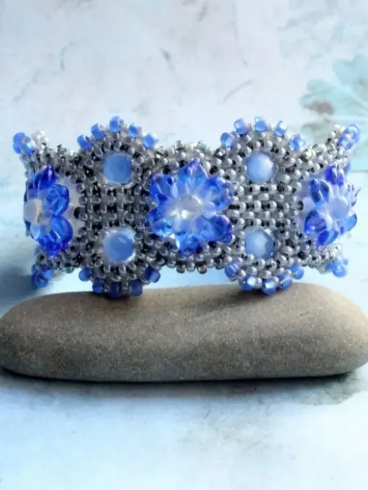 Gray blue cuff flower bracelet lampwork beads beaded bracelet