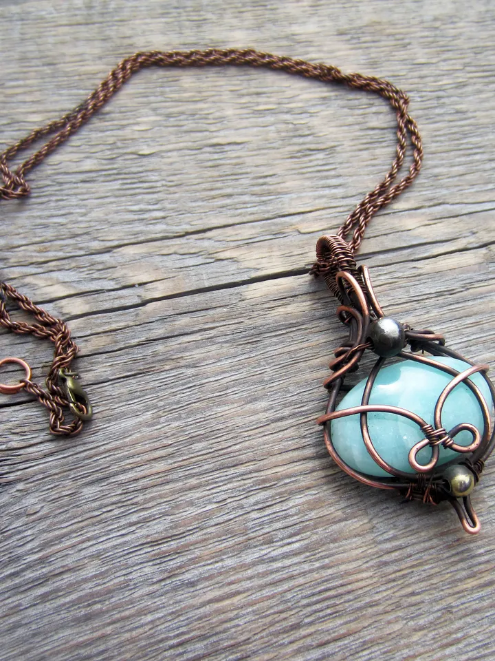 Copper necklace wrapped in wire with amazonite stone, antique style wire pendant, necklace for men, women, amulet