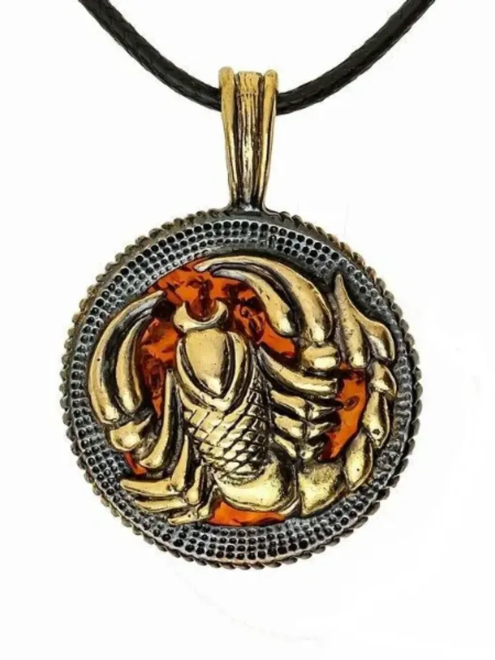 Scorpion Jewelry Necklace For Men Gold Black With Amber Amulet Scorpio Zodiac Sign Round Coin Pendant gift men women