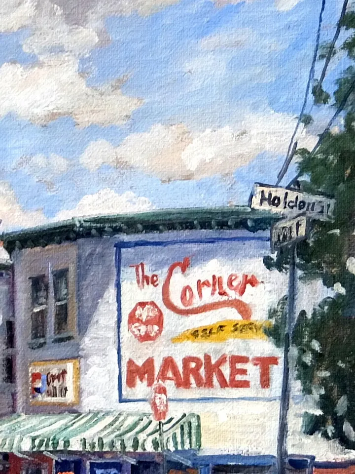 Large Original Landscape Painting -Corner Market/North Adams- 30x30 Oil on Canvas, Plein Air Impressionist Cityscape, Signed Original