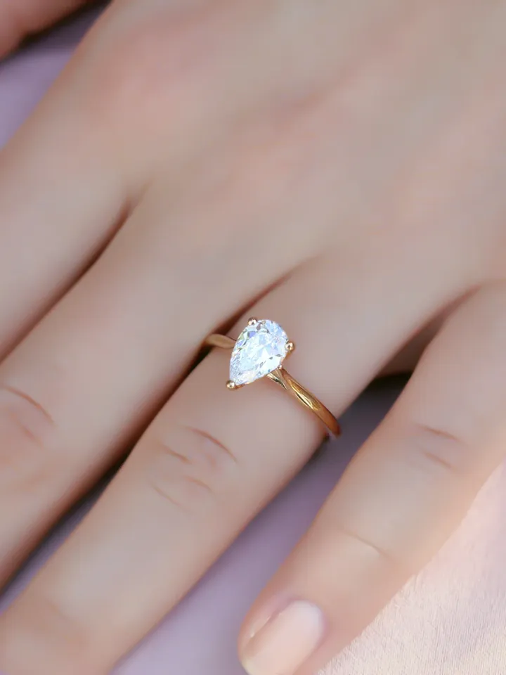 PEAR SHAPED RING | Moissanite Pear Diamond Gold Ring Band | Custom 1.50 Ct Solitaire Diamond Wedding Ring | Women Birthday Gift