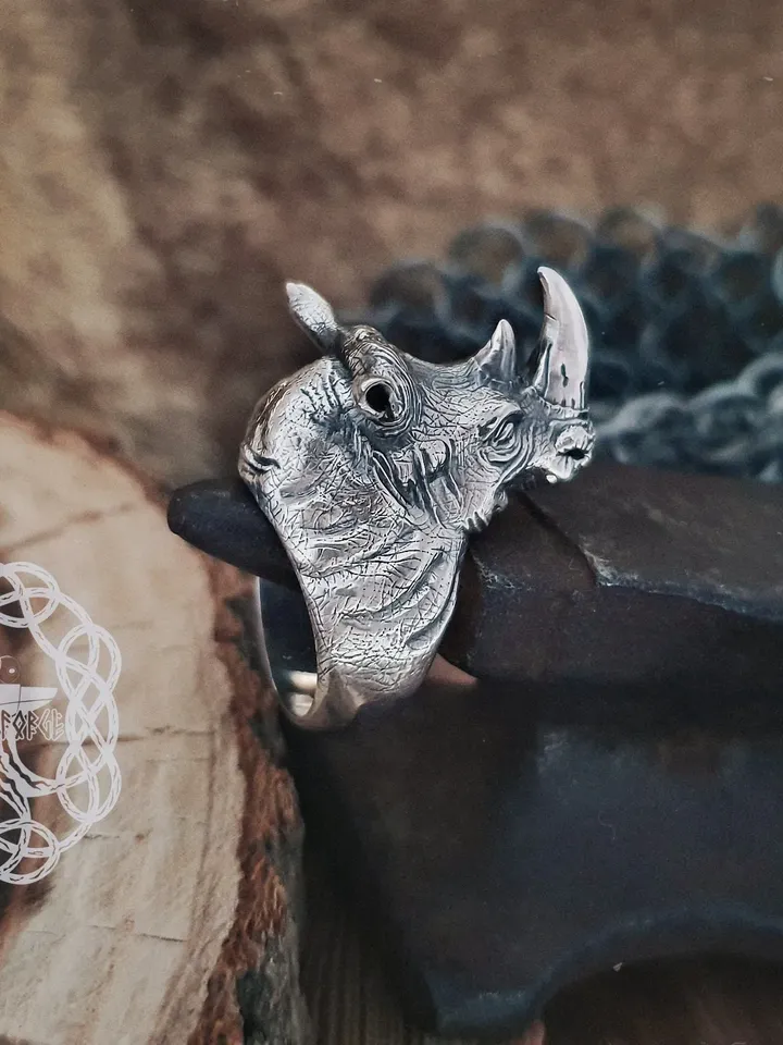Rhinoceros Ring, Sterling Silver Rhinoceros Ring, Rhinoceros Head Ring, Animal Jewelry, Animal Ring, Biker Ring
