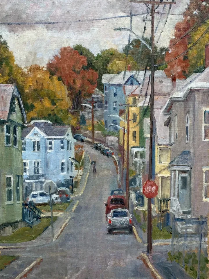 Original Cityscape Painting - Uphill/Autumn Houses - 12x18 Oil on Linen, Realist Landscape, Signed Original Plein Air Impressionism