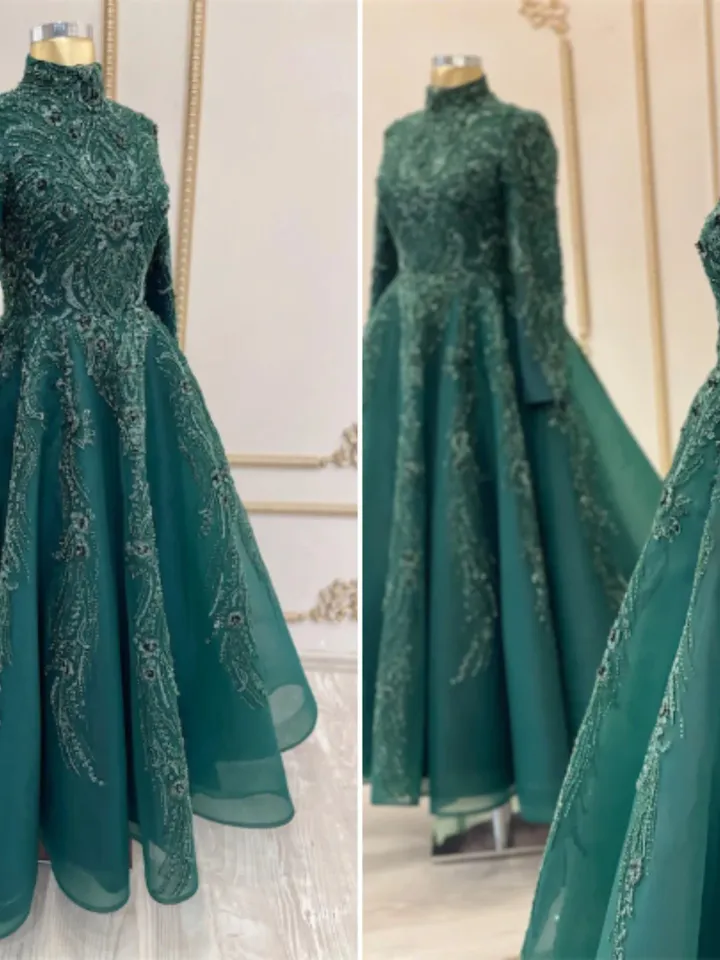 AHUNARE HIJAB - Lal Emerald Embroidered Wedding Dress, Muslim Evening Gown, Nikah, Islamic Wedding, Engagement, Bridesmaid,