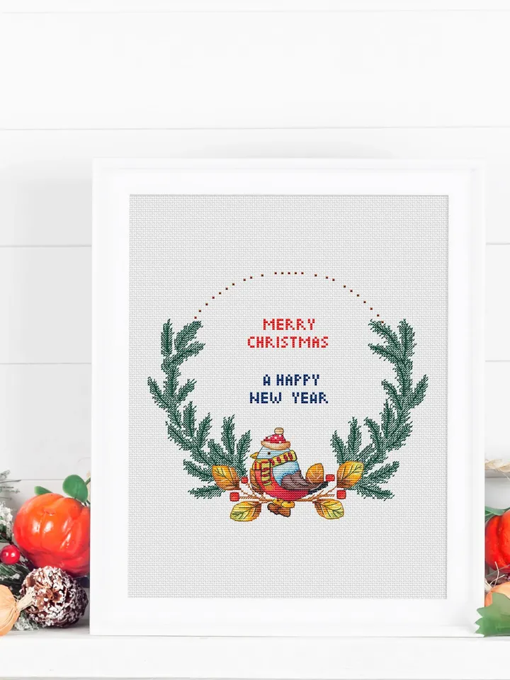 Christmas wreath сross stitch pattern PDF, Winter сross stitch chart instant download, New Year hand embroidery pattern