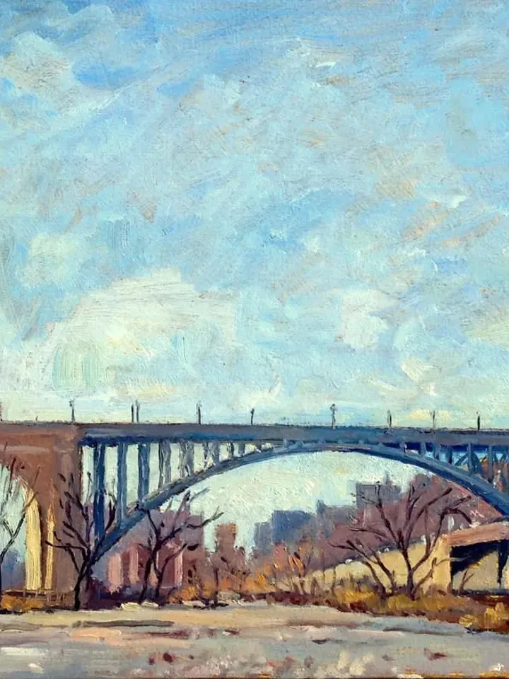 Original New York Landscape Painting -High Bridge/Winter Light NYC- 12x20 Oil on Panel, Urban Industrial Realist Fine Art, Signed Original