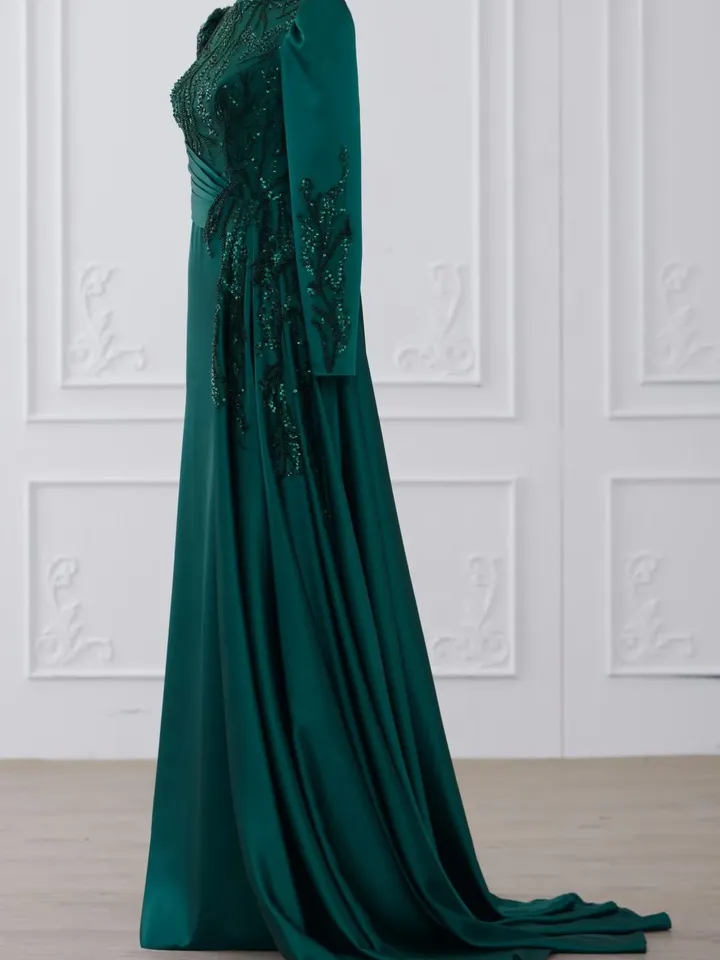 Tılsım Ahunare Green Satin Wedding Dress, Muslim Evening Gown, Nikah, Islamic Wedding, Engagement, Bridesmaid, Maxi Dress