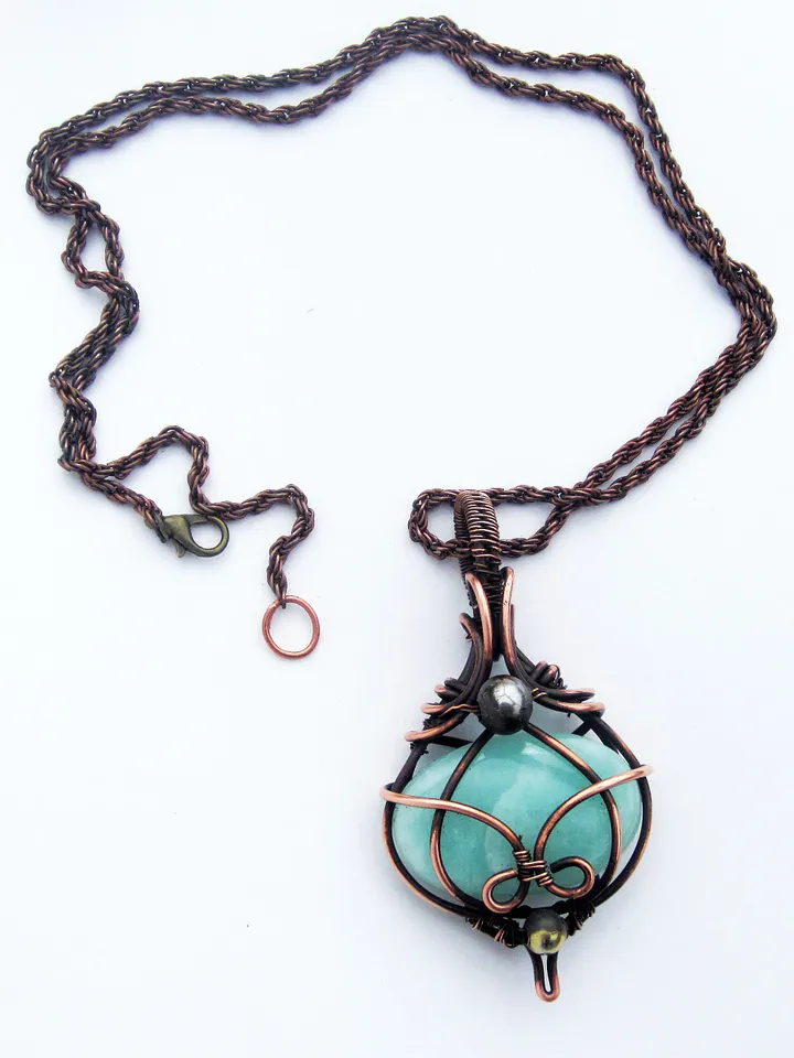 Copper necklace wrapped in wire with amazonite stone, antique style wire pendant, necklace for men, women, amulet