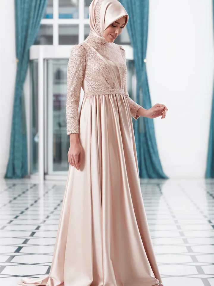 AHUNARE HIJAB - Berra Salmon Satin Wedding Dress, Muslim Evening Gown, Nikah, Islamic Wedding, Engagement, Bridesmaid,