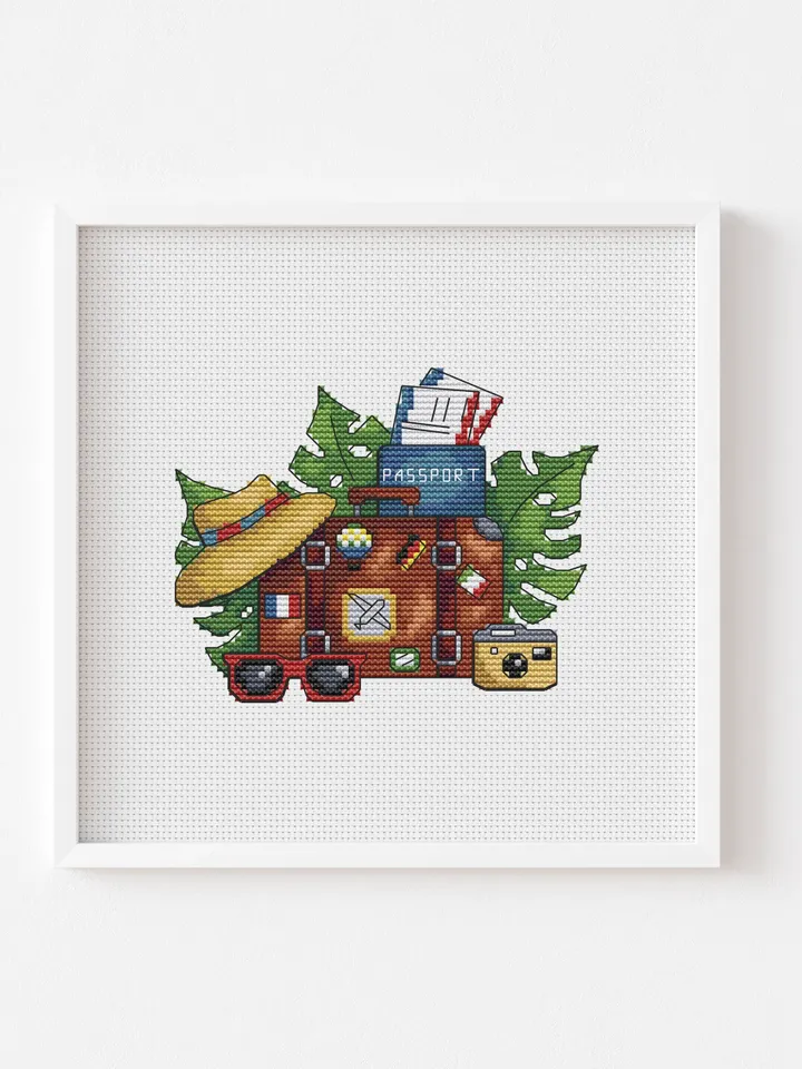 Travel Cross Stitch Pattern PDF, Suitcase Travel Cross Stitch, Vintage Travel Modern Cross Stitch, Easy Cross Stitch Travel