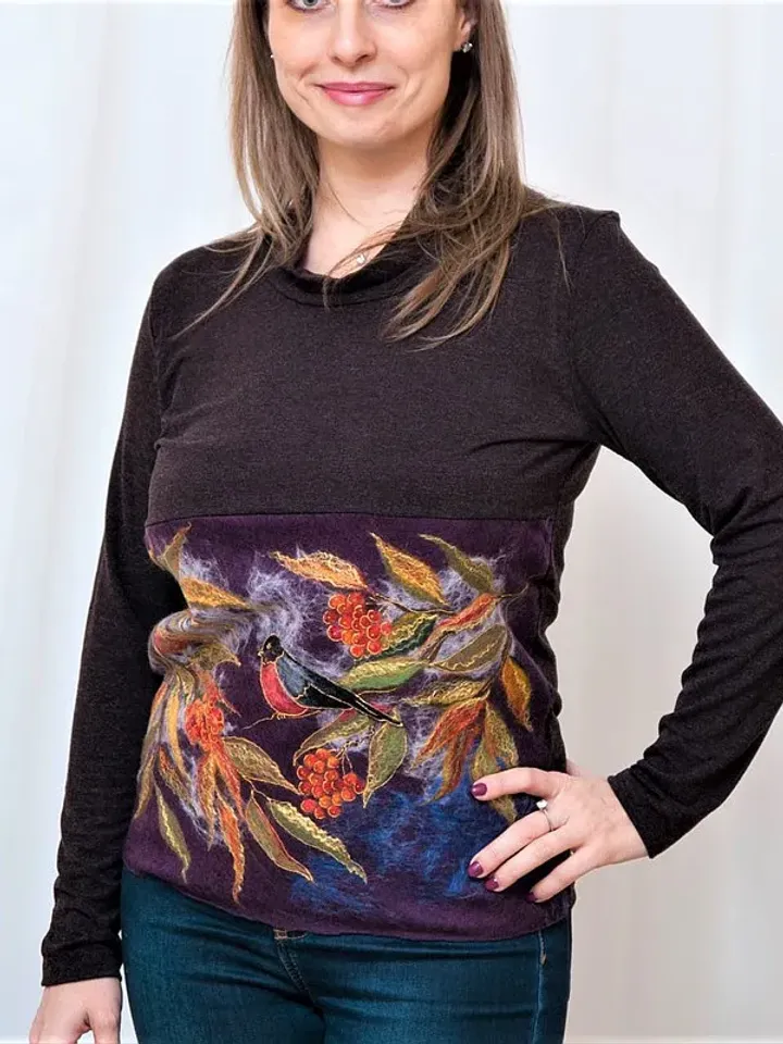 Handmade clothes, Wool felt sweater original design, Sweater bullfinch pattern