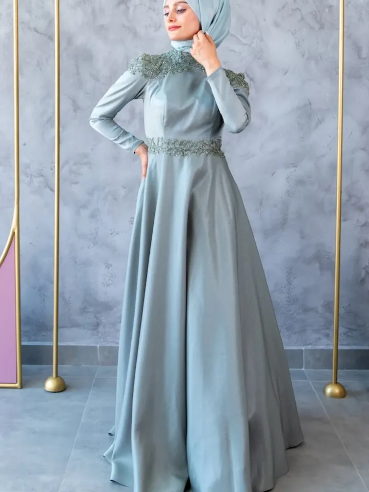 AHUNARE HIJAB - Bade Dress, Satin Dress, Mint Color, Muslim Evening Dress, Nikah, Wedding, Engagement, Bridesmaid, ,
