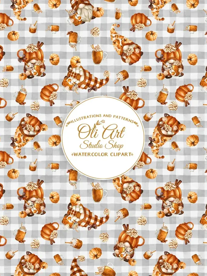Download Seamless Patterns. Gnomes & Pumpkin Drinks. Fall, Autumn. Fall Buffalo Plaid JPG. Digital Download