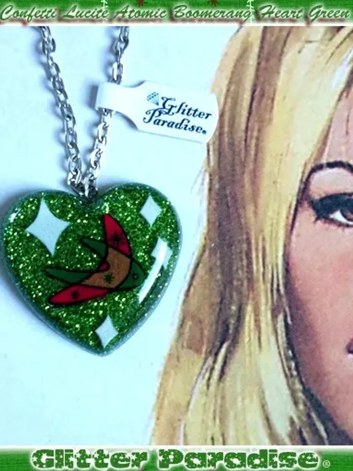 Confetti Lucite Atomic Boomerang Green - Necklace - Confetti Lucite - Retro - Mid-Century Modern - Heart Necklace - Glitter Paradise®