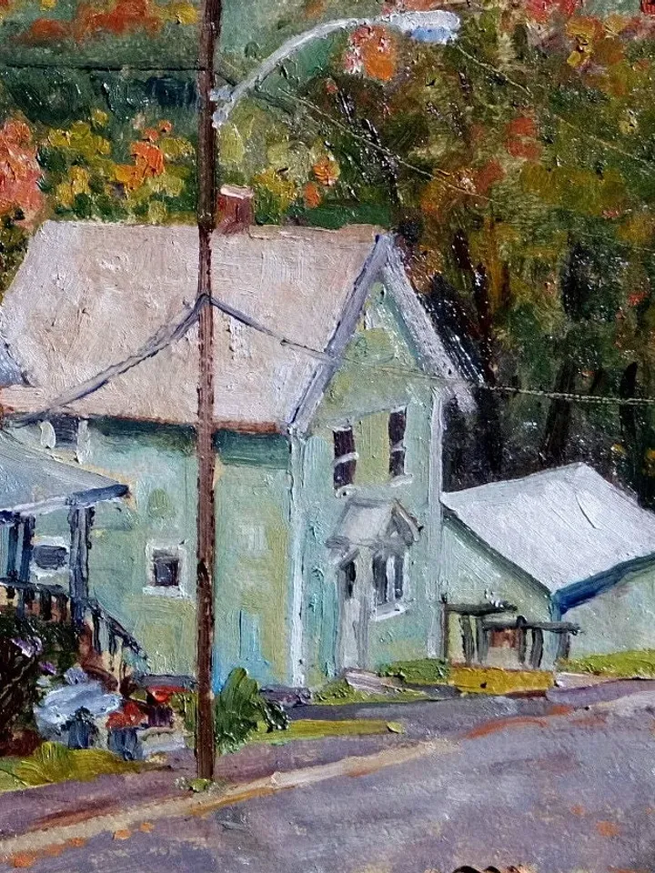 Original Autumn Landscape Painting -Downhill Houses- 10x17 Oil on Panel, Plein Air Impressionist Oil, Signed Original