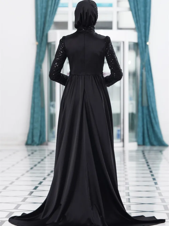 AHUNARE HIJAB - Berra  Black Satin Wedding Dress, Muslim Evening Gown, Nikah, Islamic Wedding, Engagement, Bridesmaid,