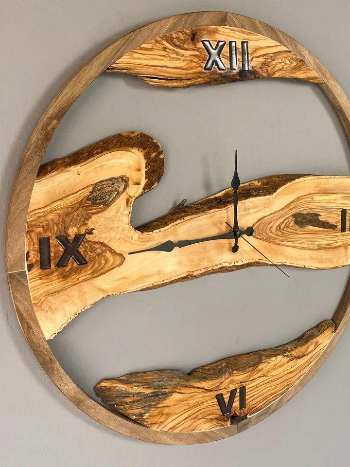 Unique Custom Made Olive Wood Wall Clock with Wooden Frame, Live Edge Wall Clock, Oversized Wall Clock