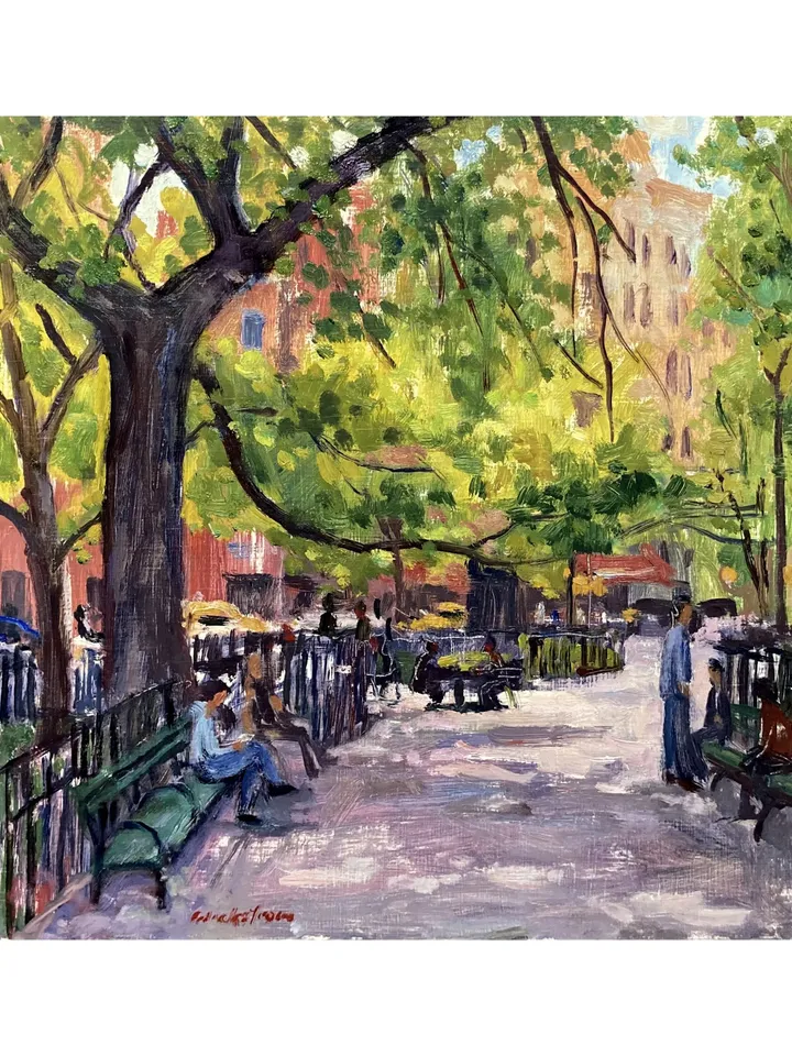 Original New York Cityscape Painting -Tompkins Square Park/East Village NYC - 10x10 Oil on Panel, Signed New York Impressionist Fine Art