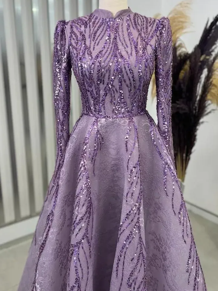 AHUNARE HIJAB - Çırağan Lilac Embroidered Wedding Dress, Muslim Evening Gown, Nikah, Islamic Wedding, Engagement, Bridesmaid,