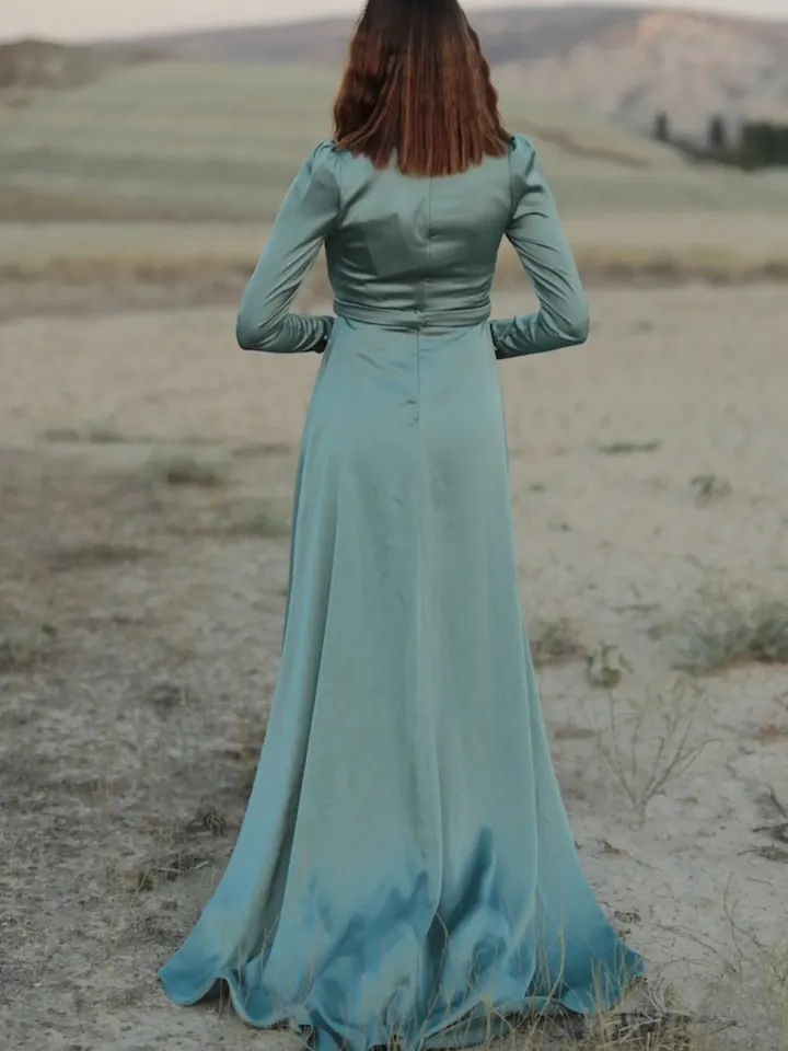 AHUNARE HIJAB - Irem Dress, Satin Dress, Mint Color, Muslim Evening Dress, Nikah, Wedding, Engagement, Bridesmaid, ,