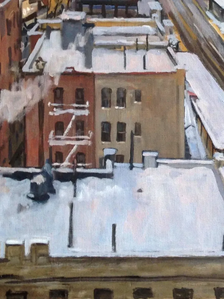 NYC Winter Landscape Painting - Snowy Rooftops/Inwood- 24x30 Oil on Linen, New York Snow Scene, Signed Original Impressionist Cityscape