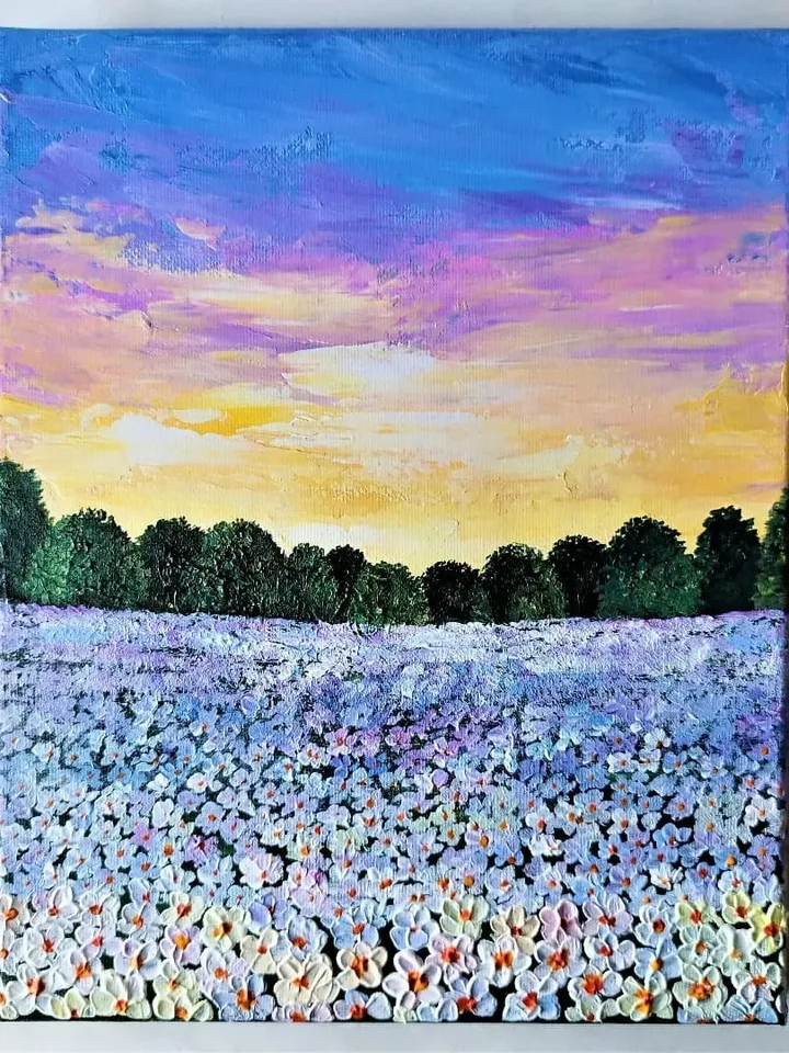 Acrylic Painting of a Sunset Landscape with White Field Flowers