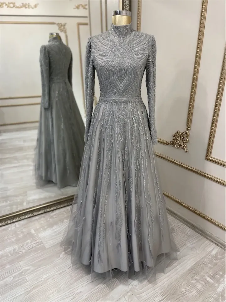 AHUNARE HIJAB - Hayal  Grey Embroidered Tulle  Wedding Dress, Muslim Evening Gown, Nikah, Islamic Wedding, Engagement, Bridesmaid,