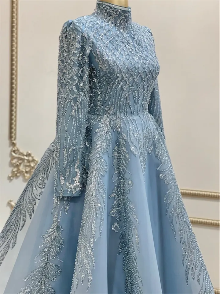 AHUNARE HIJAB - Şirin  Blue Embroidered  Wedding Dress, Muslim Evening Gown, Nikah, Islamic Wedding, Engagement, Bridesmaid,