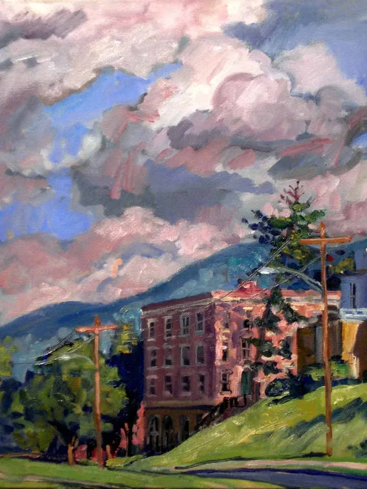 Williams College Landscape Painting - Summer Clouds/Williamstown - 16x16 Oil on Canvas, American Plein Air Impressionist Signed Original
