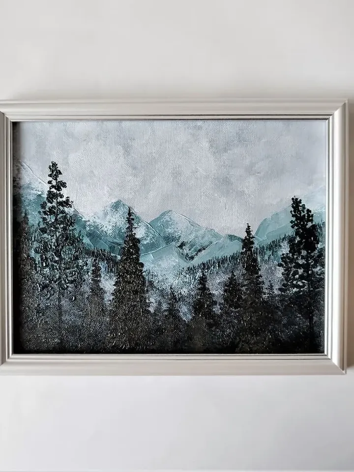 Forest Mountain Landscape Acrylic Painting Framed Art