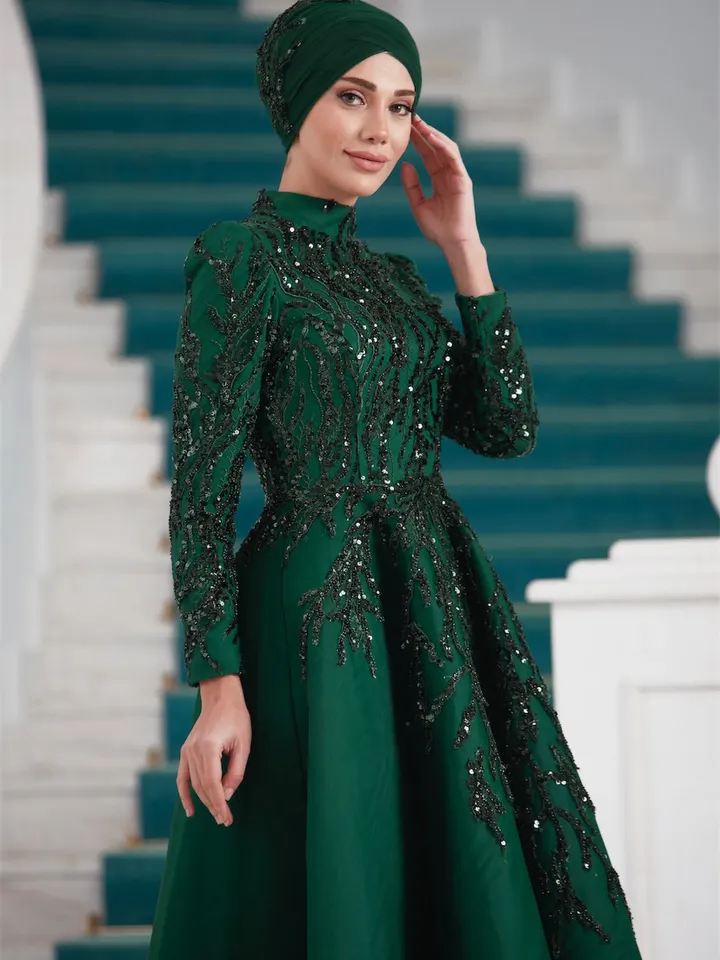 AHUNARE HIJAB - Yıldız Emerald Embroidered Wedding Dress, Muslim Evening Gown, Nikah, Islamic Wedding, Engagement, Bridesmaid,