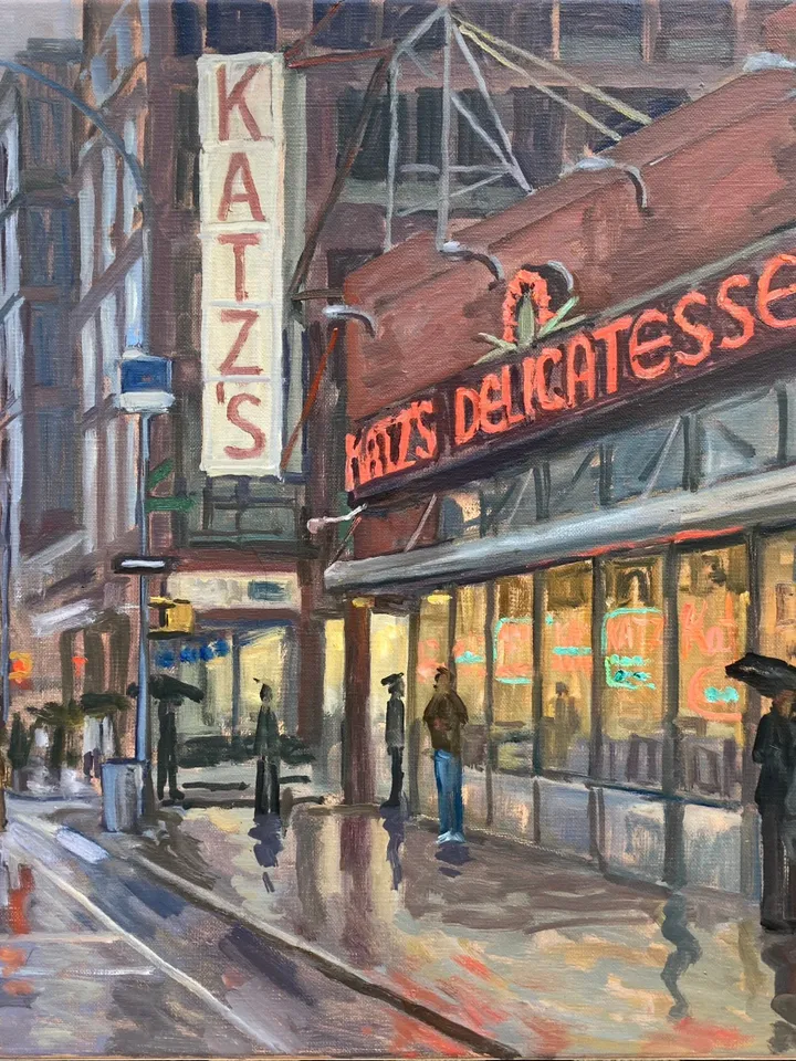 Large New York Cityscape Painting - Katz's Delicatessen/NYCRain- 18x24 Oil on Linen, Lower East Realist Street Scene, Signed Original