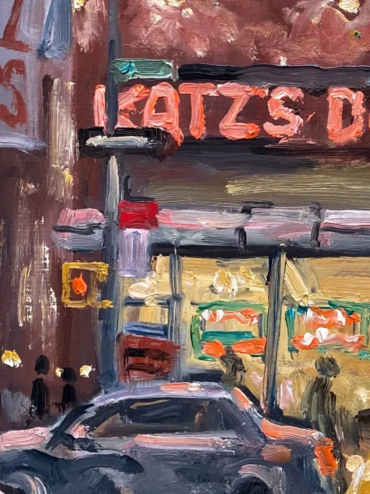 Original New York Cityscape Painting - Katz's Deli Nocturne/NYC - 12x16 Oil on Panel, Urban Impressionist Landscape Night Scene