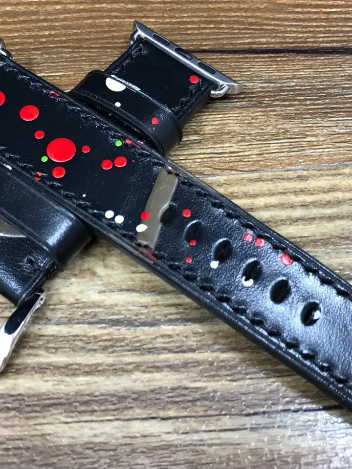 Abstract Art Apple Watch Bands 45mm 41mm 44mm 40mm, Smartwatch Band, Black Genuine Leather iWatch Watch Strap, Valentines Day Gift Ideas