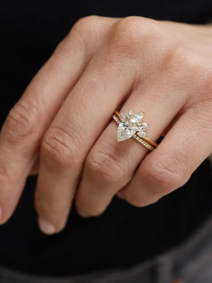 Pear Cut Moissanite 9x6mm 1.75ct.Wedding Ring With Matching Pear Cut Moissanite Band,Valentine Gift,Gift ForHer,AnniversaryRing,Perfect gift