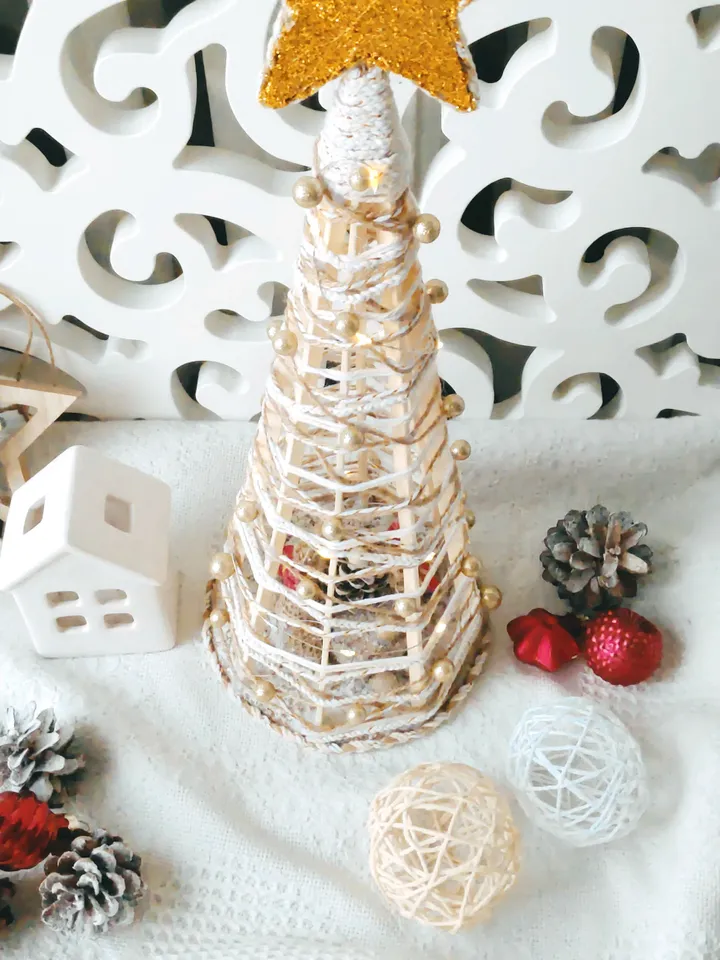 Christmas Tree Mini with LED Lights with Gifts Inside with a Star-Shaped top, Handmade Wonderful gift for Relatives for New Year's Holidays