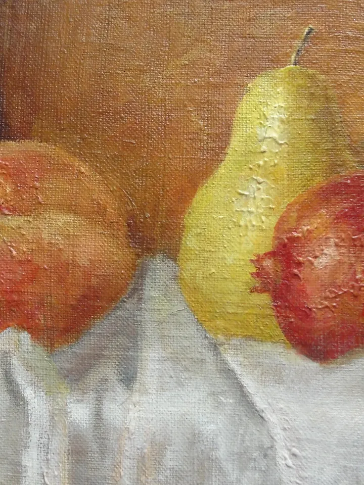"Peach, pear and pomegranate" fruit oil painting still life original wall art picture small