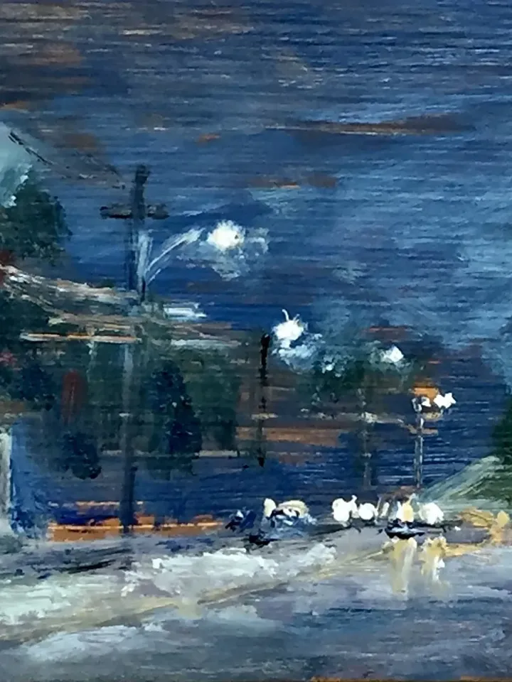 Small Night Scene Painting -American Nocturne- 4x8 Oil on Panel, Plein Air Impressionist Landscape, Signed Original Fine Art