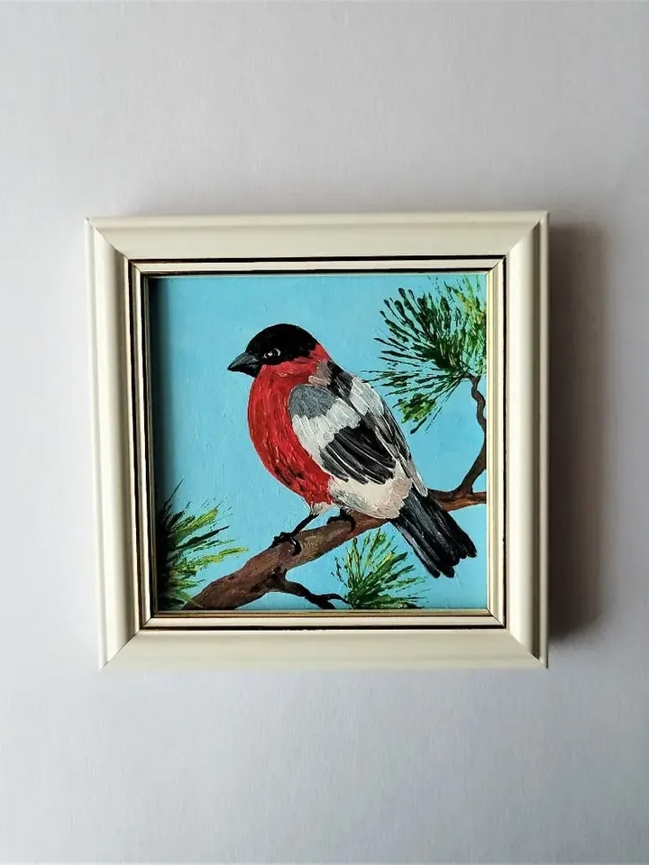 Little bird painting, Bird pictures wall decor, Bullfinch painting very small wall art
