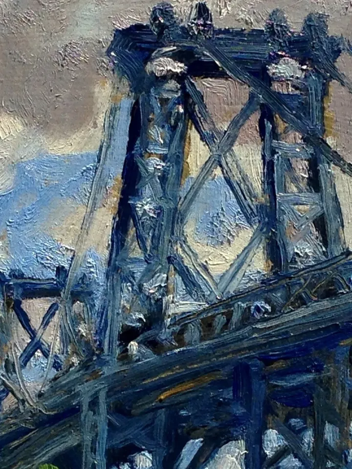 Small New York Cityscape Painting - Williamsburg Bridge/NYC - 6x8 Oil on Panel, Plein Air Impressionist Fine Art, Signed Original Landscape