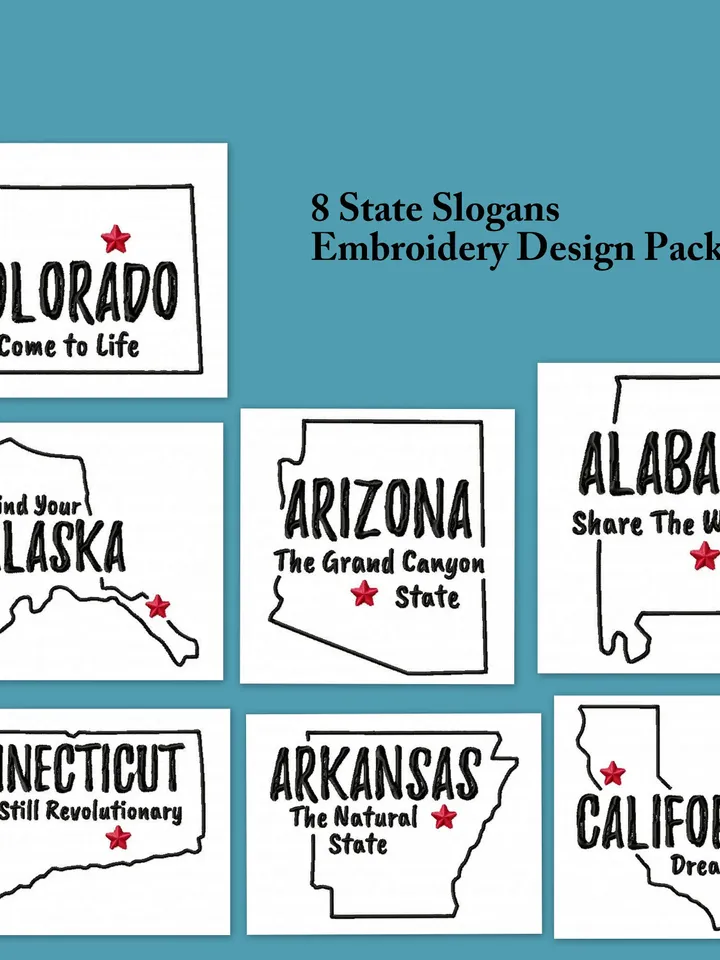 50% off,7 State Slogans Embroidery Design Pack 1,7 size, Instant Download,Applique,Digital Machine,New Sale,Gnomes,Dst,Jef,Xxx,Pes,Hus,Exp.