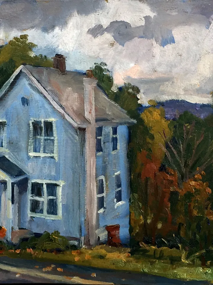 10x14 Autumn Landscape Painting - Blue House/Berkshires October- Oil on Panel, American Fine Art, Plein Air Impressionism, Signed Original
