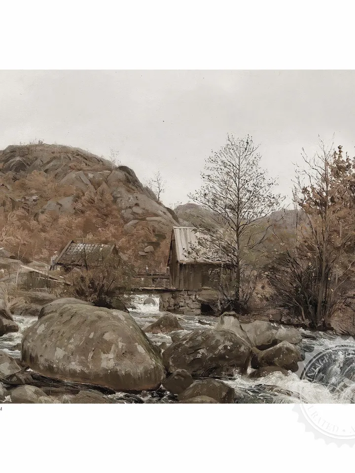 Antique Mountain River Oil Painting, Vintage Landscape Print, Downloadable Art, Printable Wall Decor | 280