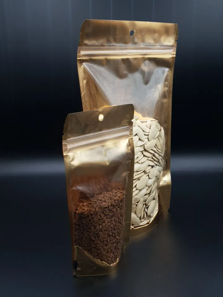 Gold Metalized STAND UP POUCH One side Clear with Zipper Locked Bag,Resealable Bags coffee Nuts Chocolate Heat Sealable, Sweet Candy Tea Bag