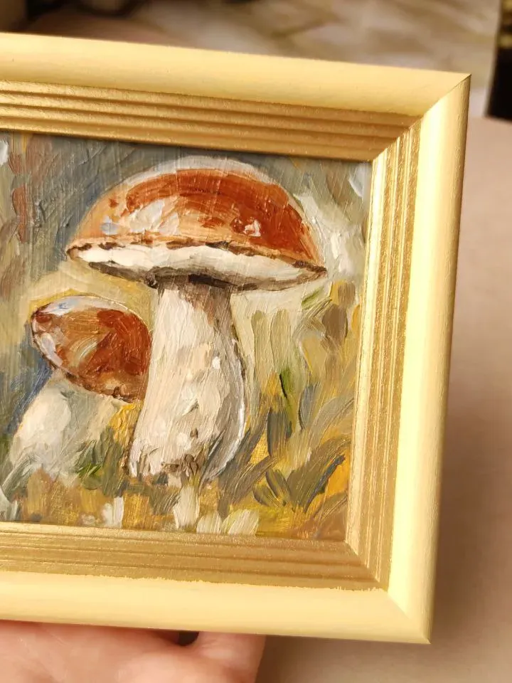 Mushrooms painting original oil art miniature framed ready to hang 4 by 4 forest artwork