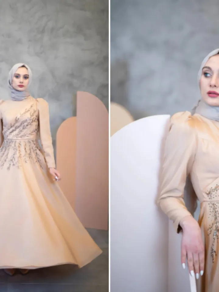 AHUNARE HIJAB - Dilnur Beige Embroidered Wedding Dress, Muslim Evening Gown, Nikah, Islamic Wedding, Engagement, Bridesmaid,