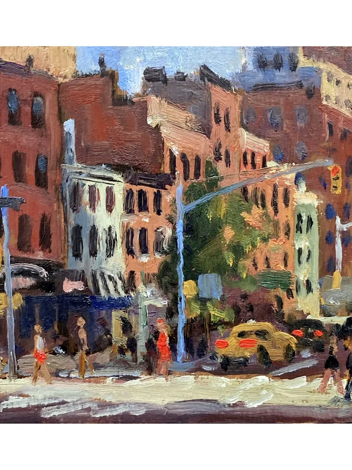 Small Original New York Cityscape Painting -Down 9th Ave/Chelsea/NYC- 4x4 Oil on Panel, New York Urban Impressionist Landscape